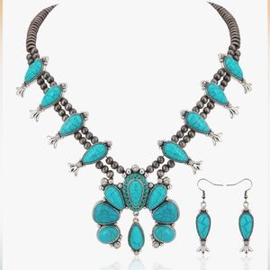 Faux Turquoise Western Squash Blossom Navajo Style Statement Necklace & Earrings